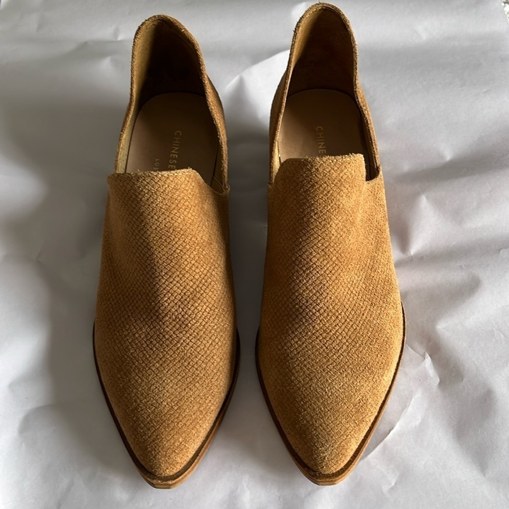Chinese Laundry clay colored slip-on, heeled booties. Size 7.